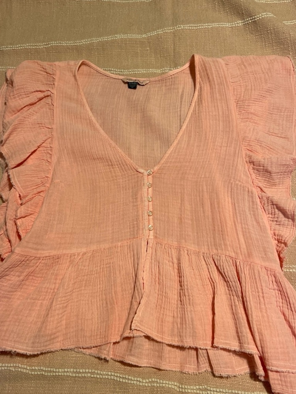 American Eagle Outfitters Peach Ruffle-Sleeve V-Neck Blouse